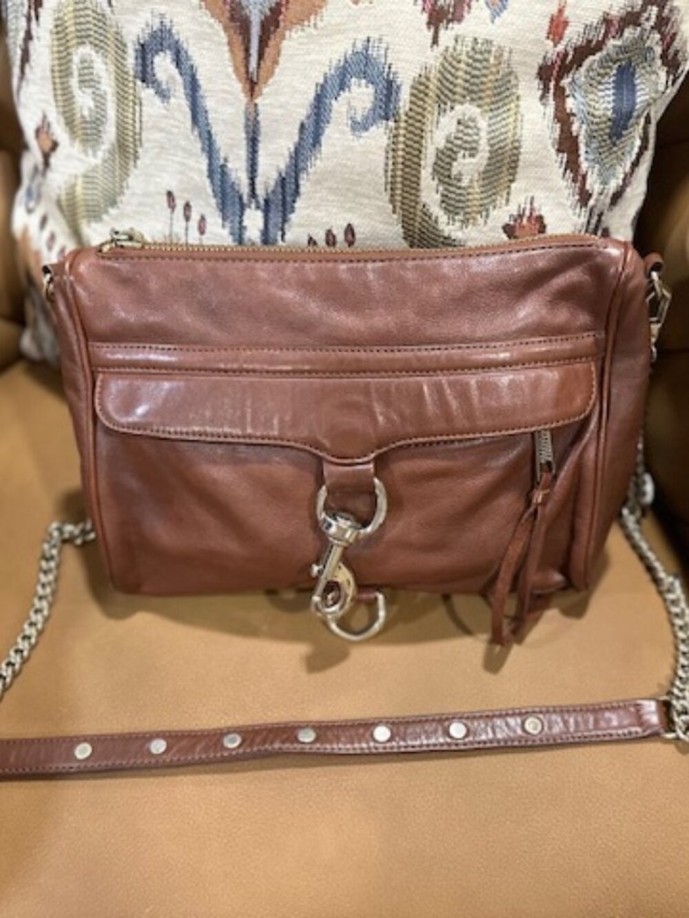 Rebecca Minkoff Mini MAC Crossbody Bag in Mahogany Brown with Gold Chain